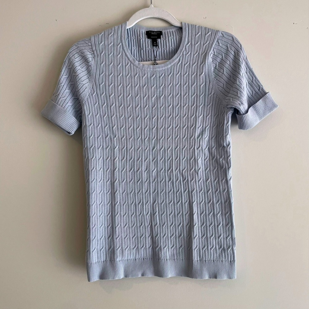 NWT Talbots Pima Cotton Cable Knit Short Sleeve Sweater Powder Blue M